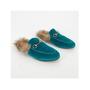 Gucci Teal Velvet Fur Lined Princetown Horsebit Mule Slipper Flats EU 37